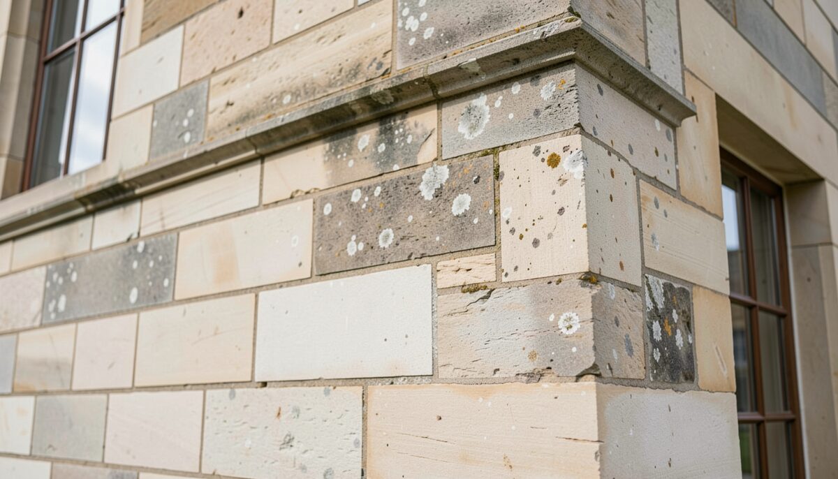 Pale limestone blocks in the keep wall, with visible joints and weathering. Illustrative image, generated with AI.