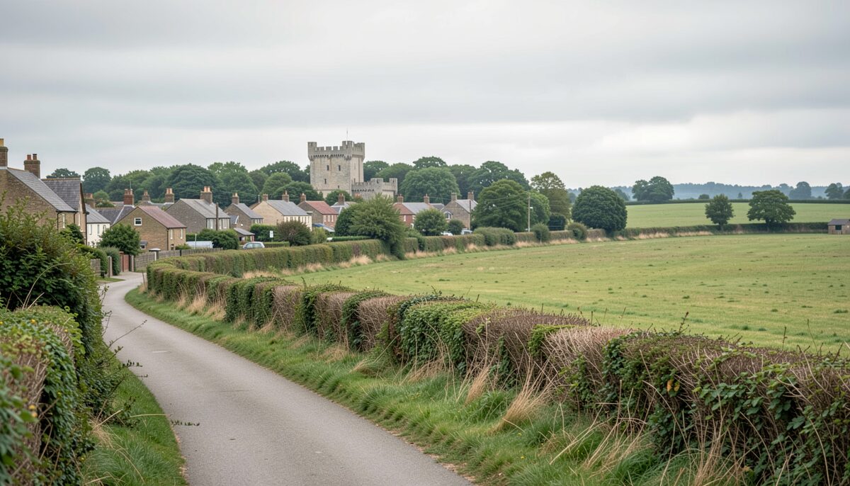 The edge of Castle Hedingham seen from a public path, with the keep marking the village centre. Illustrative image, generated with AI.